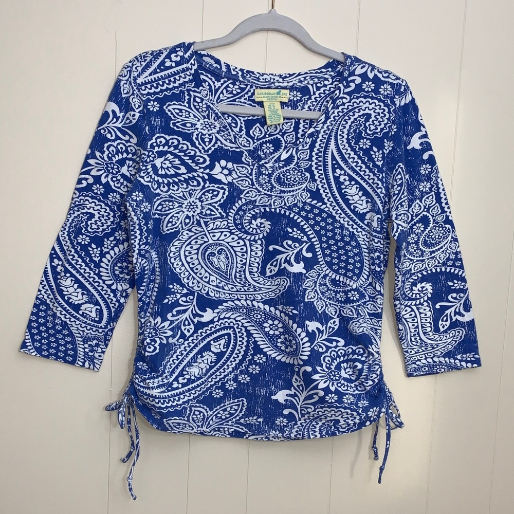 Caribbean Joe Blue and White Paisley Cotton Spandex Top